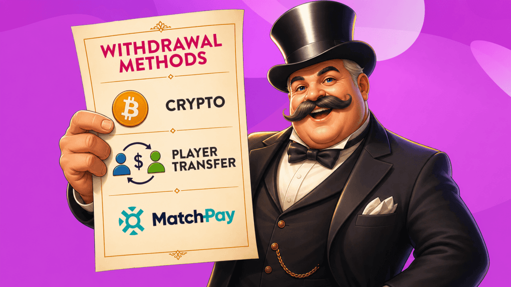 Proudly holding a list of withdrawal methods, a man in a top hat and tux shows us that you can withdraw through crypto, player transfer, or MatchPay.
