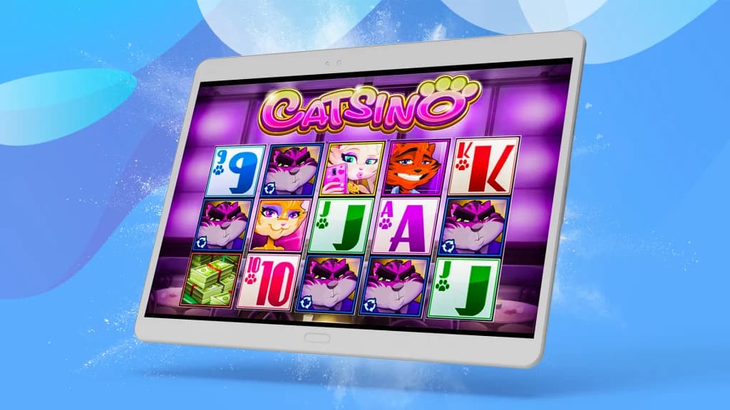 Catsino slot reels with cat symbols displayed on a tablet