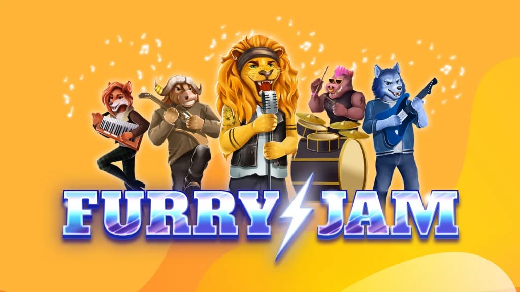 Furry Jam slot band with animal musicians on a yellow background