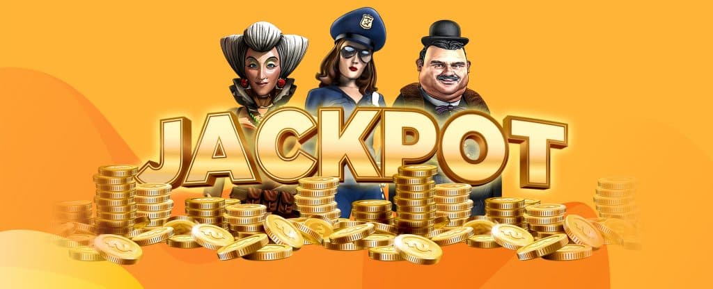 Jackpot banner with coins and slot characters for progressive jackpot slots