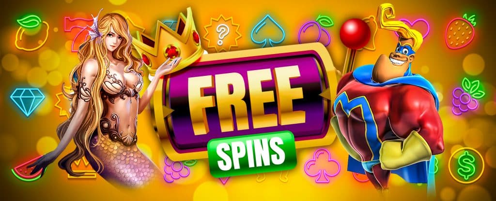 Regular slot free spins banner with slot characters and neon symbols