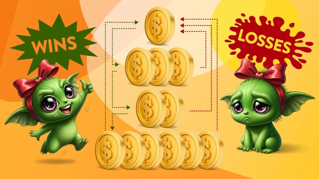 Two cute lil gremlins flank a stack of coins representing the 1-3-2-6 betting system. The one on the left celebrates a win, and the one on the right looks sad over a loss.