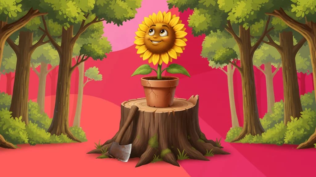 A happy sunflower rests on a chopped tree trunk, glancing contentedly at the surrounding trees in a forest, shown on a red and pink background.