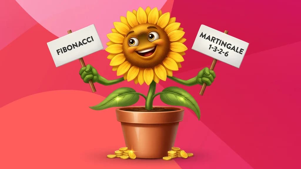 On a red and pink background, a sunflower with green leaves holds up two signs saying, “Fibonacci” and “Martingale, 1-3-2-6.” Gold coins are pooled around the bottom, and the overall image is red and pink.