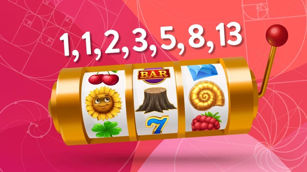 The numbers 1, 1, 2, 3, 5, 8, 13 from the famous Fibonacci sequence are shown above a three-reel slot machine with a lever on a red-and-pink background.