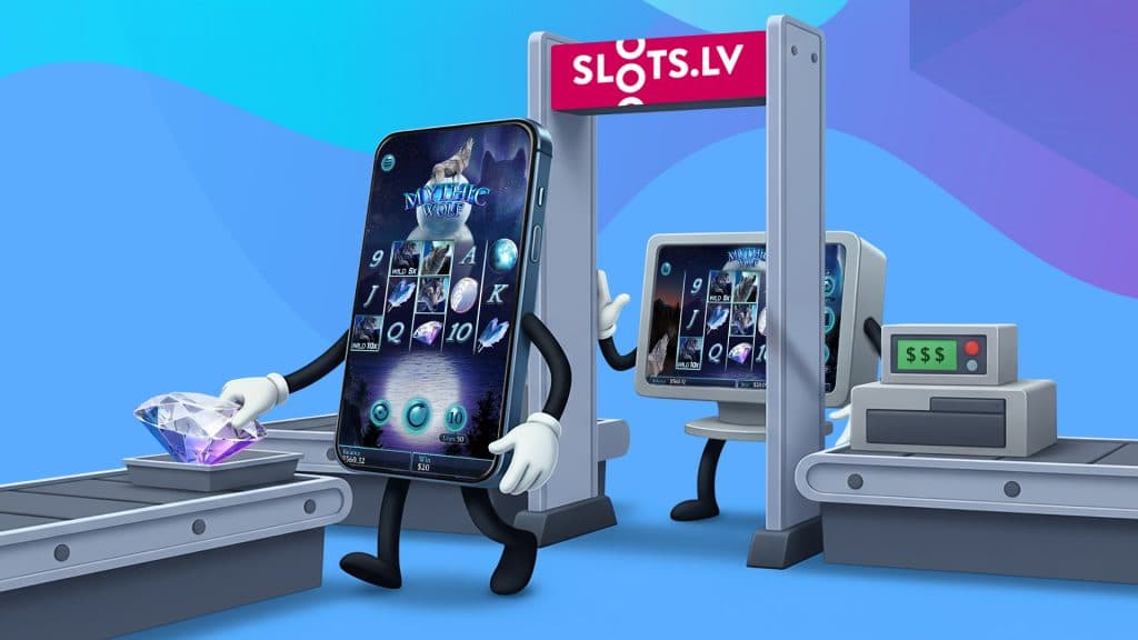 At the airport TSA, a mobile phone with the slot game Mythic Wolf passes through the scanner, and behind it, a desktop with the same game prepares to pass.
