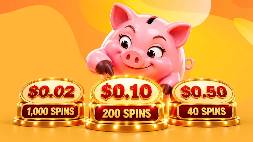 Three bets are placed on podiums, showing how many spins each bet would warrant, as a pink piggy bank places a coin in the $0.10 bet for 200 spins.
