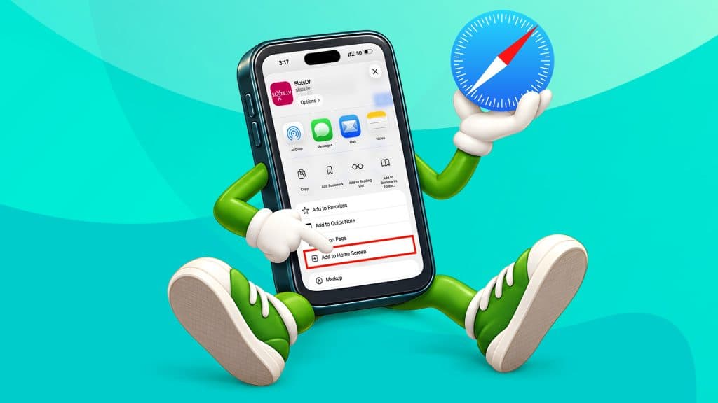 A smartphone with arms and legs sits and points to the “add to home screen” option on a Chrome browser, showing how to install the SlotsLV app.