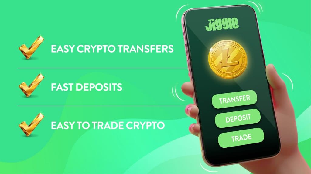 Three checkmarks demonstrate the benefits of using Jiggle Pay: Easy crypto transfers, fast deposits, and easy to trade crypto. To the right, a hand holds a smartphone showing the Jiggle app and its options for transferring, depositing, and trading.