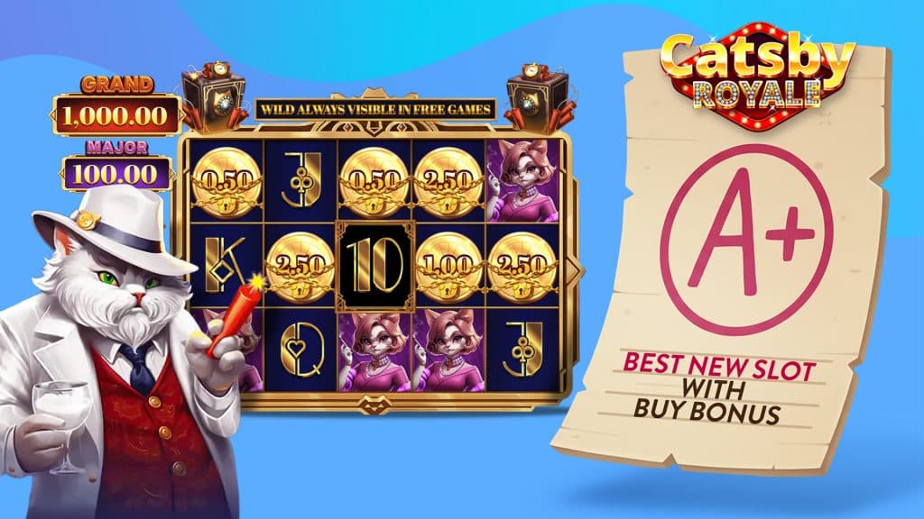 Catsby Royale slot reels with cat detective and A+ buy bonus rating