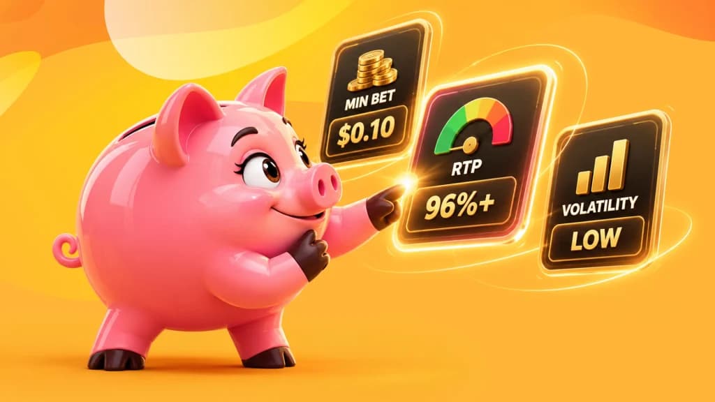 Mini bet, RTP, and volatility are displayed on a gold background, demonstrating what to look for when choosing a slot when you have a $20 budget. A pink piggy bank points to the 96% RTP.