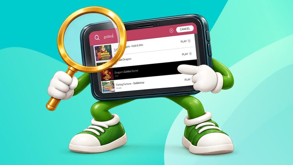 A smartphone wearing green sneakers points to a slot game and uses a magnifying glass to inspect its screen.