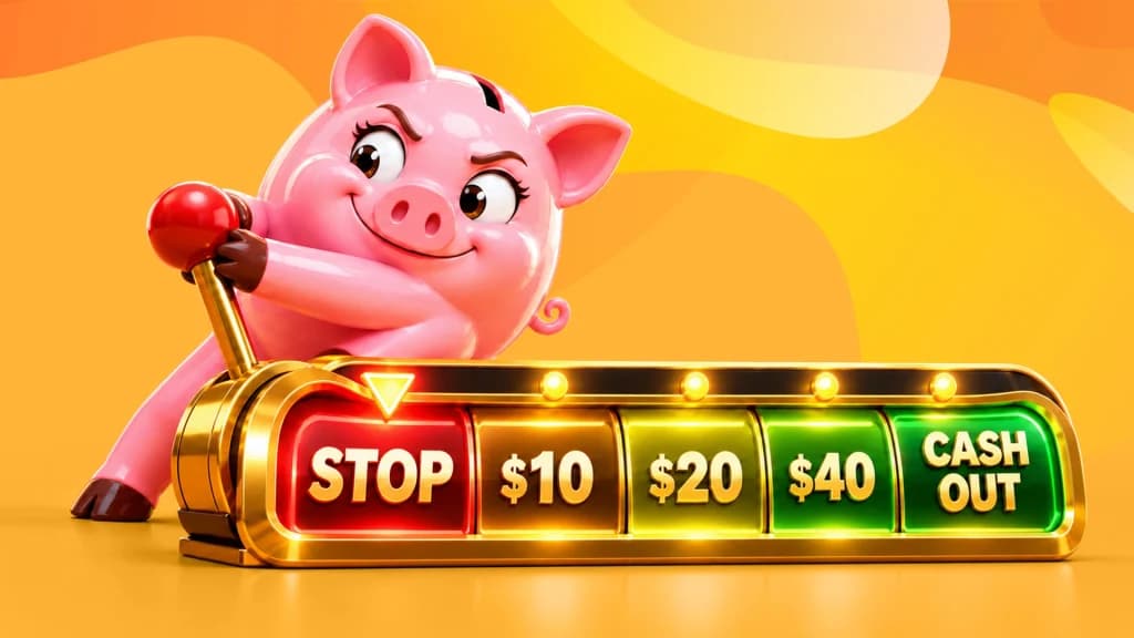 A pink piggy bank cranks up a lever showing stop win and stop loss limits, ending at “stop” to demonstrate that you should stop when you reach your loss limit.