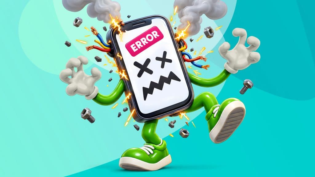 In a teal image, a smartphone’s wires are catching fire and glitching out as it experiences troubleshooting problems.