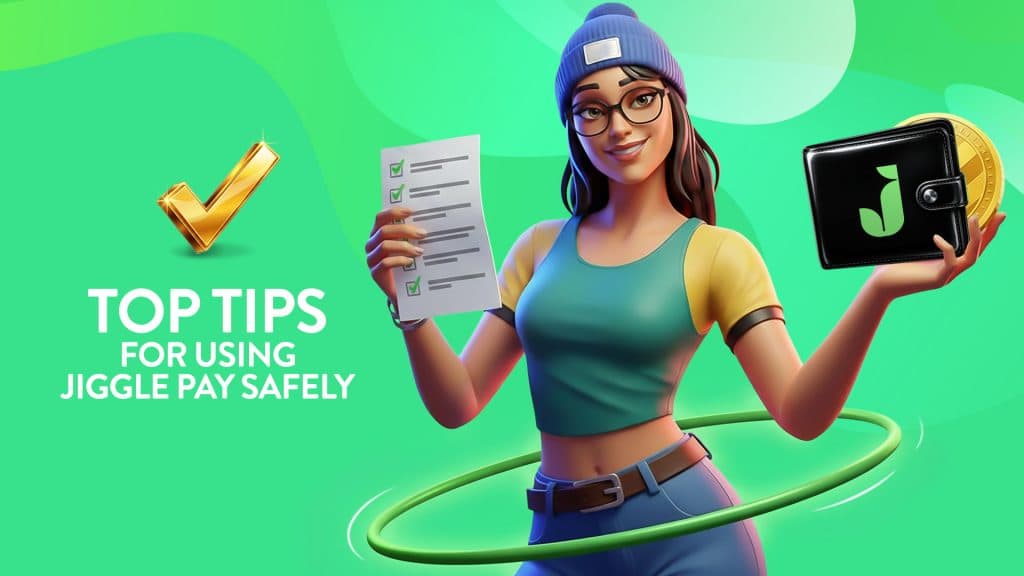 The hula hooping lady holds a contract in one hand and a Jiggle wallet in another. To the left, white text says, “Top tips for using Jiggle Pay safely.”
