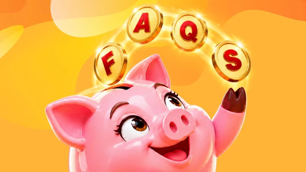 “FAQS” floats above a pink piggy’s head as he prepares to answer questions about winning at the casino with $20.