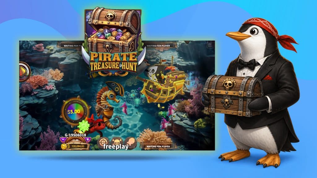 Holding a treasure chest, a penguin pirate prepares to shoot down treasure in the new underwater shooter game Pirate Treasure Hunt.