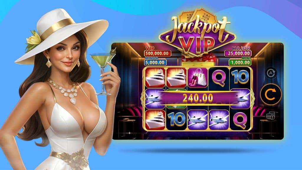 Sipping a martini in an elegant white outfit, a woman looks at the new slot game called Jackpot VIP as it spins on a blue background to her right.