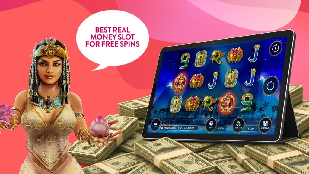 On a tablet resting on stacks of cash, the game A Night With Cleo spins. Cleo herself stands to the left of the tablet, proclaiming her game the “Best real money slot for free spins.”