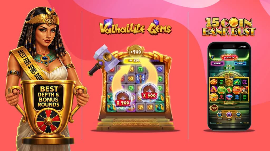 On a pink background, Cleo presents the slots chosen for the best depth in bonus rounds: Valhallite Gems and 15 Coin Bank Bust.