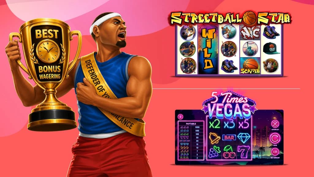 A street basketballer hoists a golden trophy that represents the slots that are best for bonus wagering: Streetball Star and 5 Times Vegas.