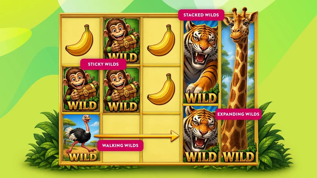 : A 5x3 slot game is displayed on a lime green background, showing four types of wild symbols: sticky wilds, stacked wilds, walking wilds, and expanding wilds.