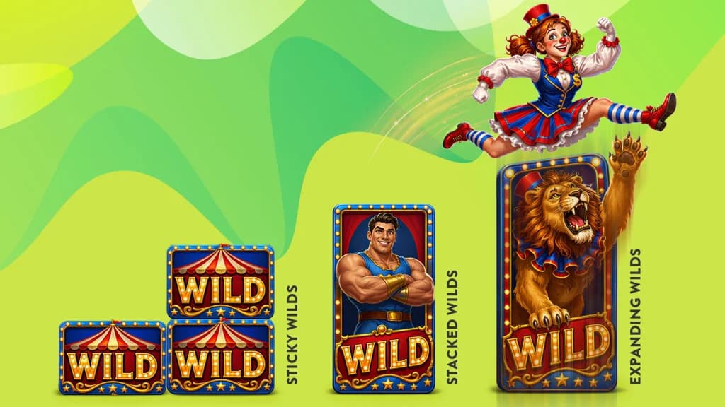 A clown girl hops over sticky wilds, stacked wilds, and expanding wilds on a lime green background.