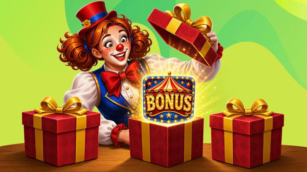A shiny, sparkly bonus symbol emerges from a box that is being opened by a happy lady clown. Two additional boxes lie beside it with other special slot symbols hidden inside.