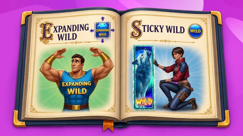 On another page of the Slots Glossary, a muscular man demonstrates expanding wilds, and a warrior pets a wolf that demonstrates a sticky wild.