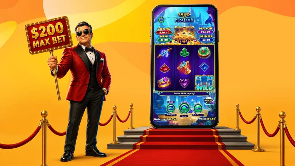 “$200 max bet” is displayed on a red sign next to a red carpet. At the end of the red carpet is a smartphone showing the game “Coins of Poseidon.”