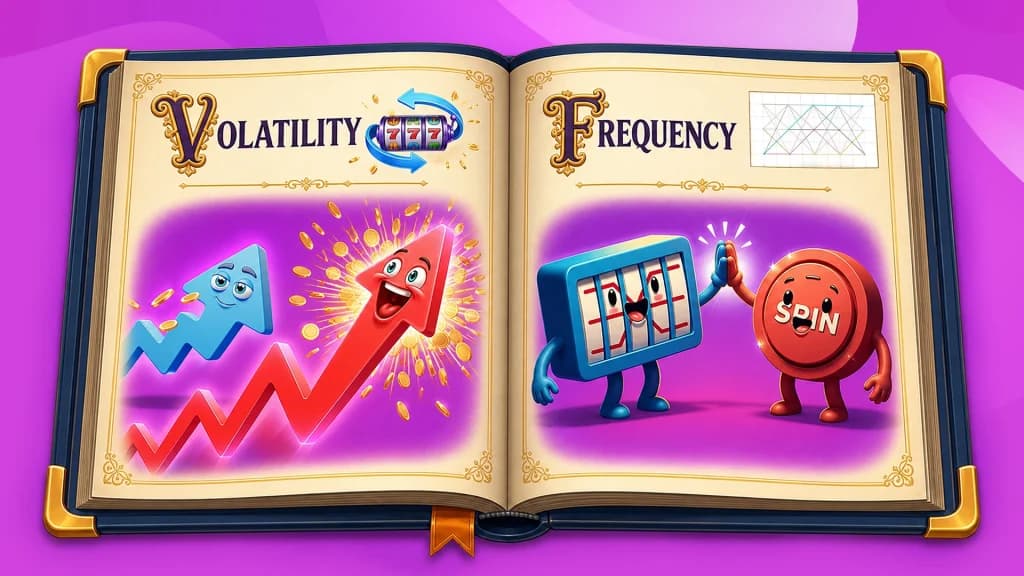 A slot glossary book is open to the pages for Volatility and Frequency. The volatility side shows two arrows representing low and high volatility, and the frequency side shows paylines and spins.