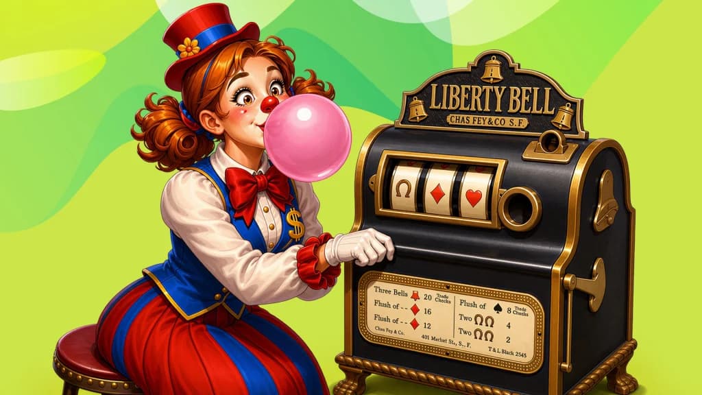 The Liberty Bell slot machine spins through playing cards, controlled by a clown girl blowing a big pink bubble with her bubble gum.