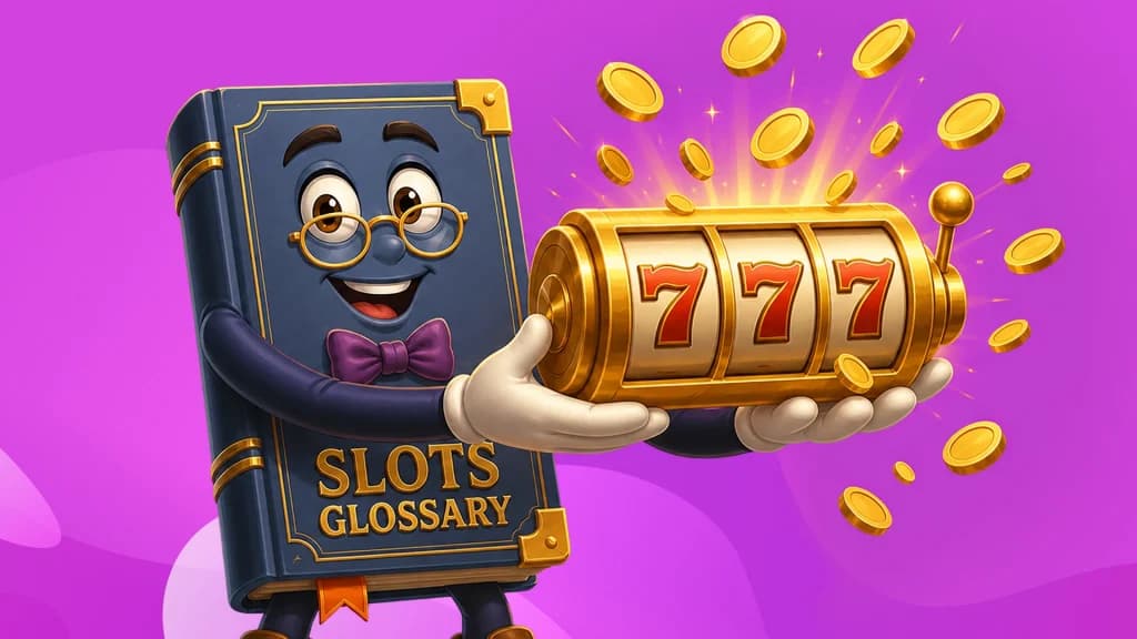 With three sevens spinning on a classic gold slot machine, the Slots Glossary grins widely as gold coins spill out of the slot on a purple background.