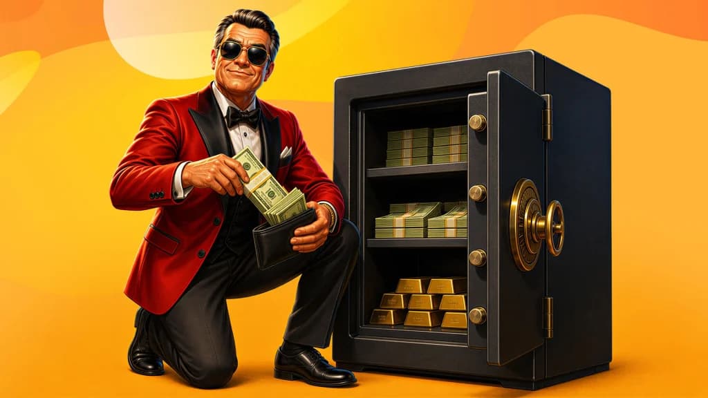 A high roller takes stacks of cash out of a safe on a gold background.
