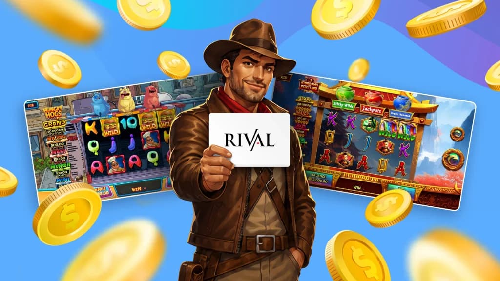 “Rival” is what is shown on a white sign held up by a cowboy, with the games Hungry Hogs and 3 Kingdoms of Fortune playing on either side of him.