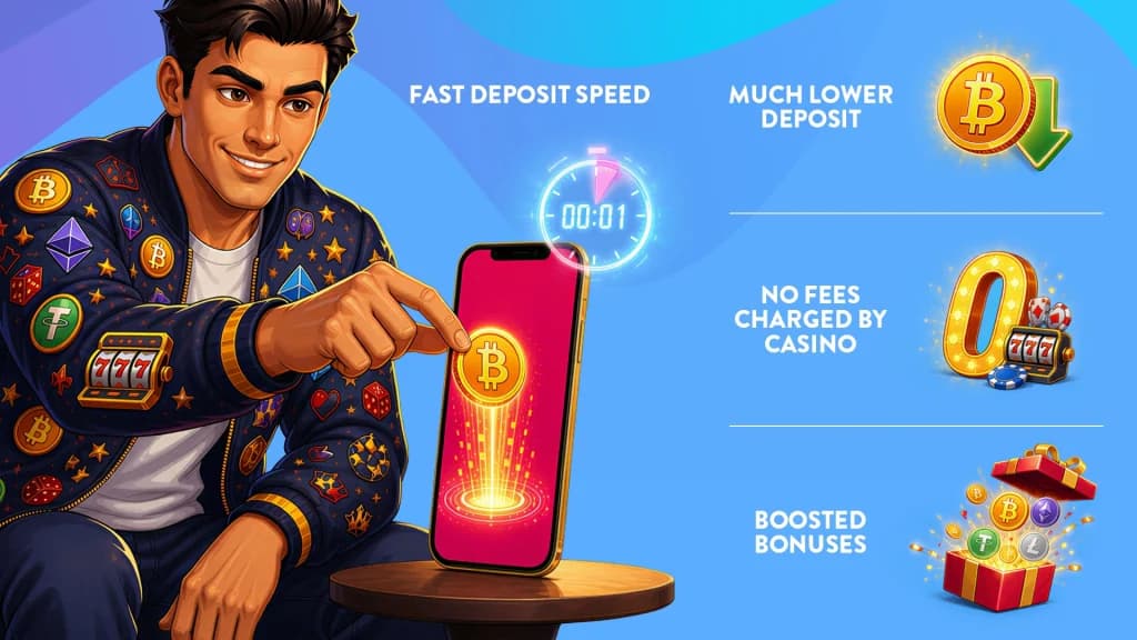 Four benefits of using cryptocurrency are displayed on a light blue background. A man plucks the Bitcoin symbol from his phone with a pink background.