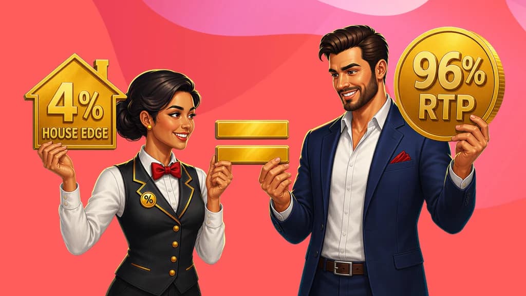 A lady representing the casino stands on the left, holding a gold house with “4% House Edge” in the center. A man holds a gold coin that says, “96% RTP.” A gold equals sign hangs between them, showing how RTP and house edge are two sides of the same figure.