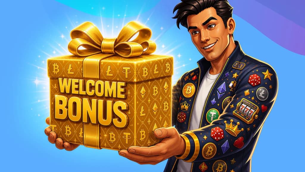 Holding a gigantic gold gift labeled “Welcome Bonus,” a man wearing a jacket with slot and cryptocurrency symbols smiles excitedly.