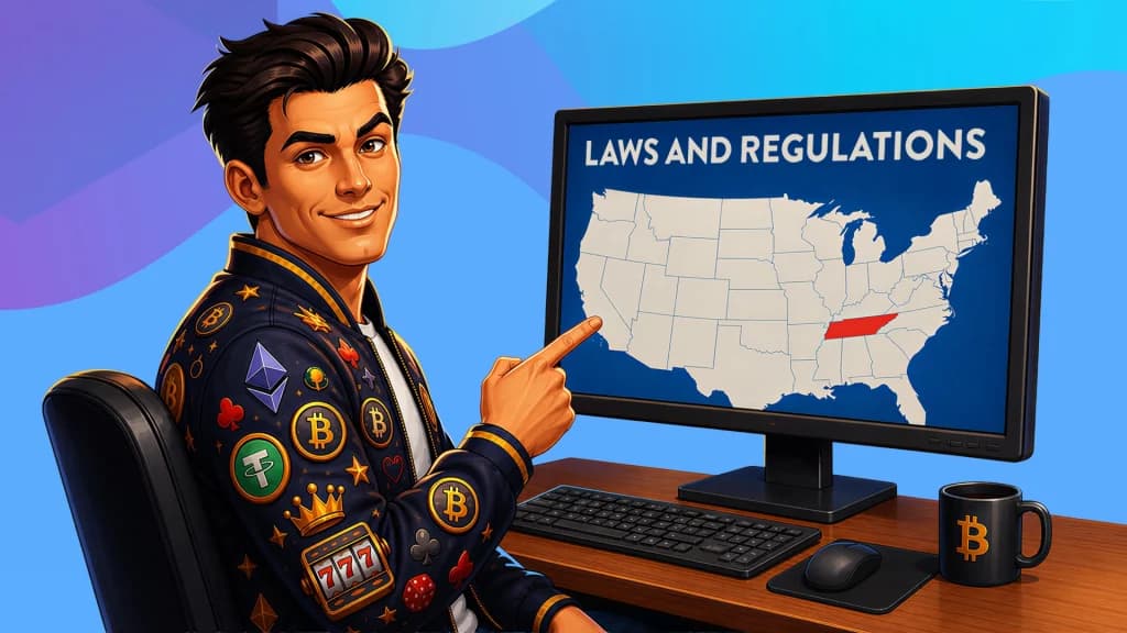 On a computer screen, a map of the continental United States points out how you should review the rules and regulations of your state. A man sits at the desk and points at the screen.