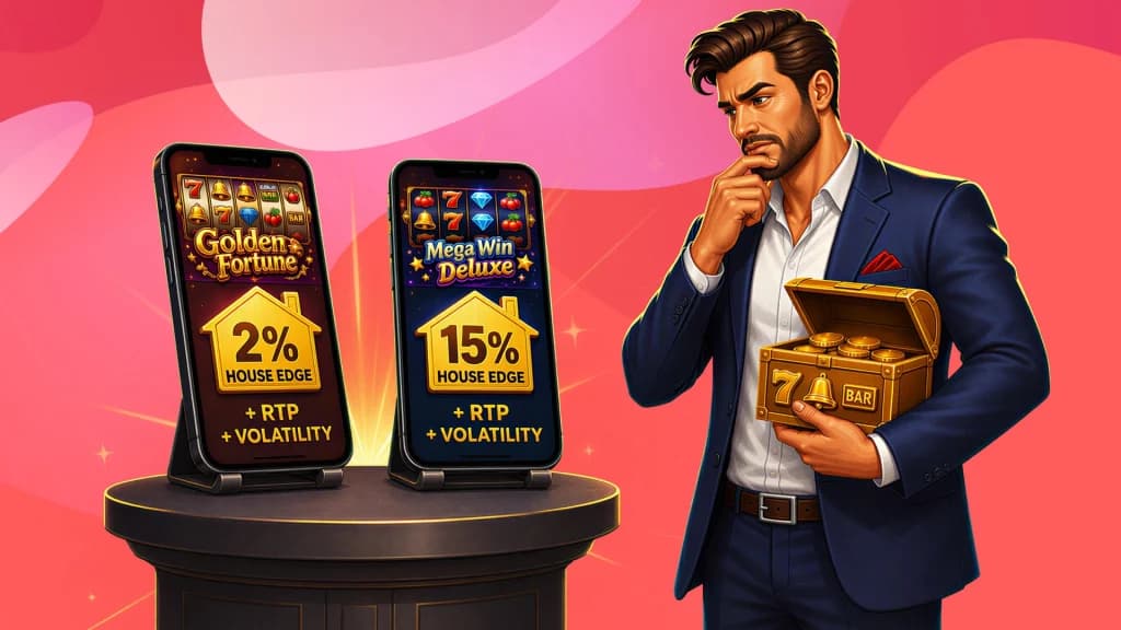 A man holding a treasure chest ponders two smartphones showing two slot games: one with a 2% house edge and the other with a 15% house edge.