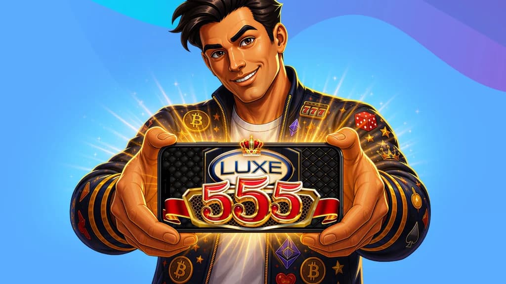 The Luxe 555 slot game is in motion on a smartphone, held up by a man in a jacket on a blue and purple background.