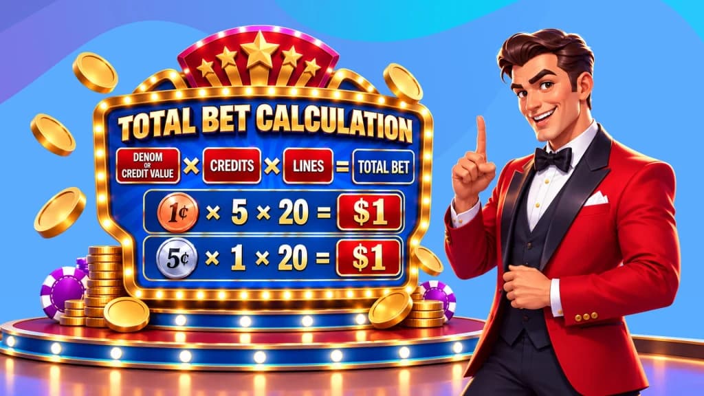 Slot bets are calculated on a lit-up marquee display by their denomination, number of credits, and number of paylines, presented by a gregarious host in a red blazer.