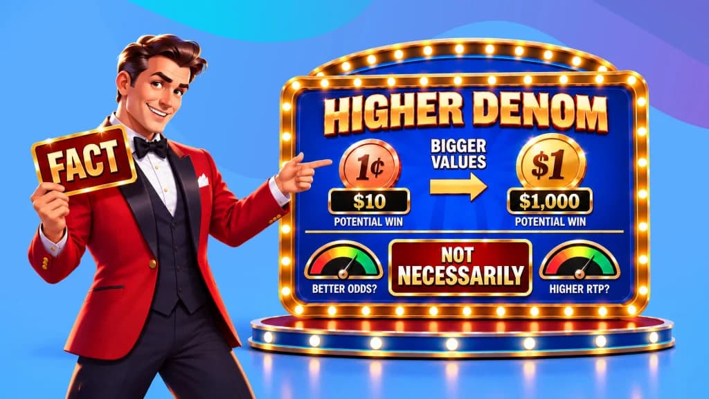 We see that higher denomination slots don’t necessarily pay better, as a host holds up a “FACT” card and points to a display showing how bigger denom values result in larger wins.