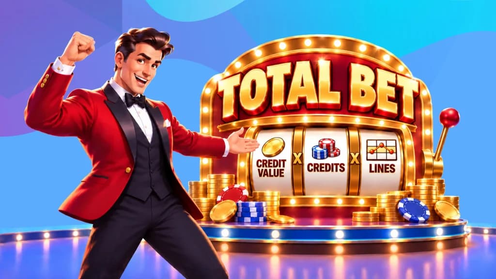 On a blue and purple background, a game show host excitedly pumps his fist while pointing at a large gold slot machine showing the formula to calculate your total bet size: credit value X credits X lines.