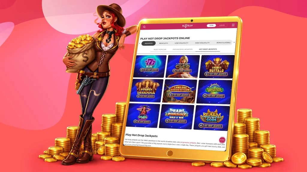 Leaning on a tablet showing the available Hot Drop Jackpots at SlotsLV Casino, a cowgirl holds a bag full of gold coins, nonchalantly smoking a cigarette.