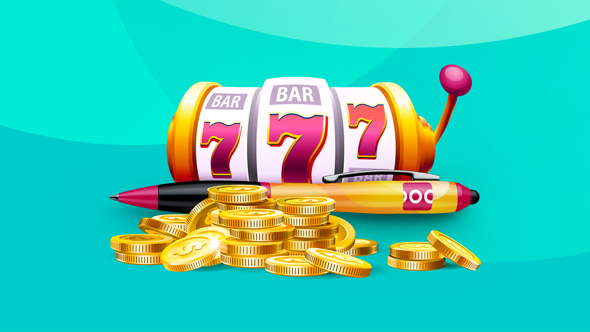 A cartoon slot reel with three 7s, sits behind a pen and gold coins, against an aqua background.