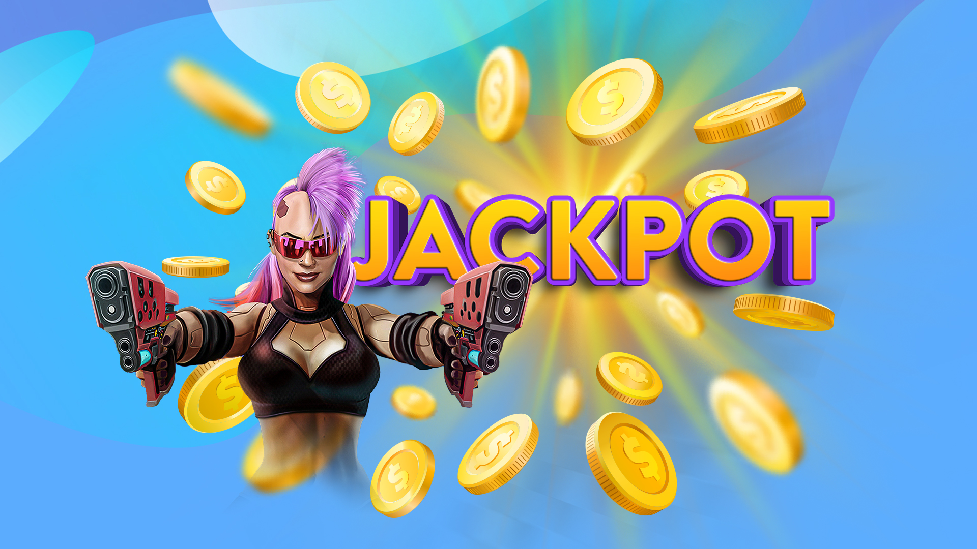 The word Jackpot floats in-between golden coins, adjacent to a 3D cyborg cartoon human with a pink mohawk and a laser gun.