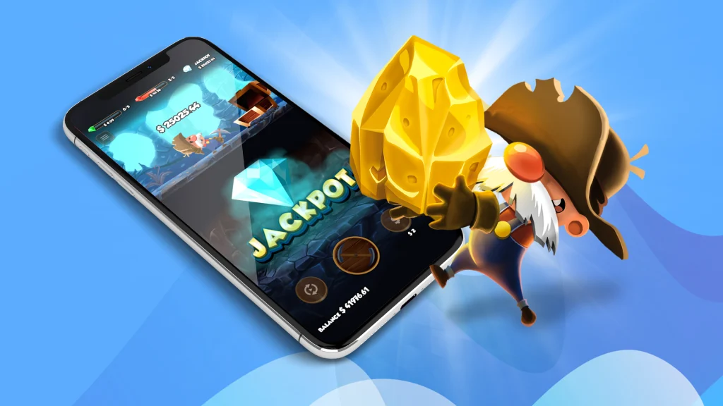 A cellphone shows gameplay from the SlotsLV slots game, Gold Rush Gus, as the main character burst from the screen holding a golden nugget.