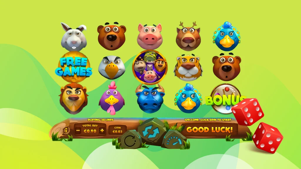 A slot game screen with various symbols from the SlotsLV slots game Jogo Do Bicho appears against a lime green background.