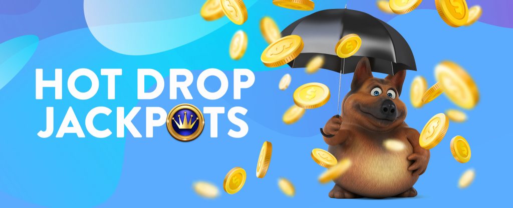 To the left of center are the words Hot Drop Jackpots, featuring a gold and purple crown inside the “O” of “Jackpots”. To the right, a standing 3D-animated dog holding up an umbrella, shielding it from the oversized gold coins that are falling from above.